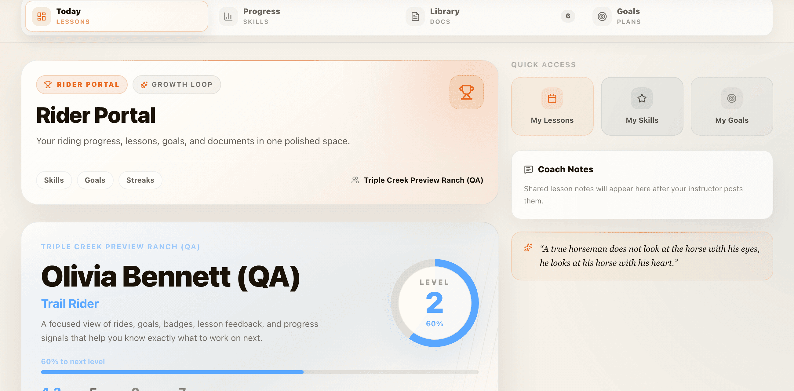 Saddle HQ rider portal showing rider progress and lesson detail